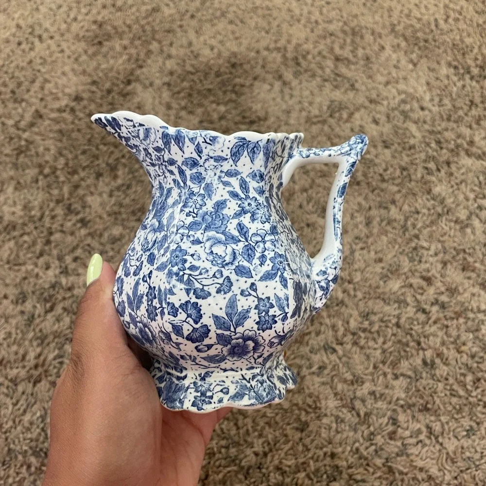 Vintage Blue Chintz Ceramic Pitcher and Hexagonal Plate‎ Set Farmhouse Chic READ
